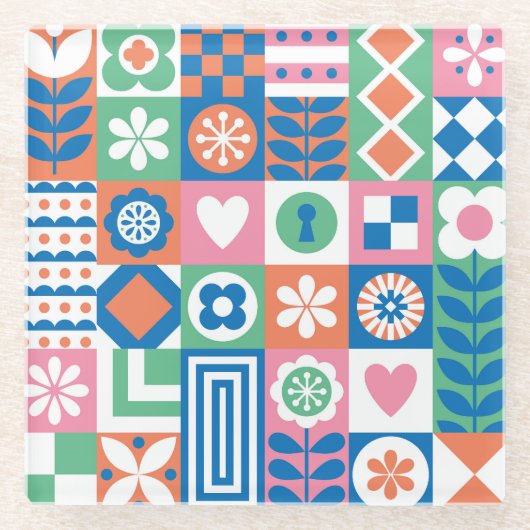 Abstracte Bloemen: Scandinavisch volksontwerp. Glazen Onderzetter (Voorkant)