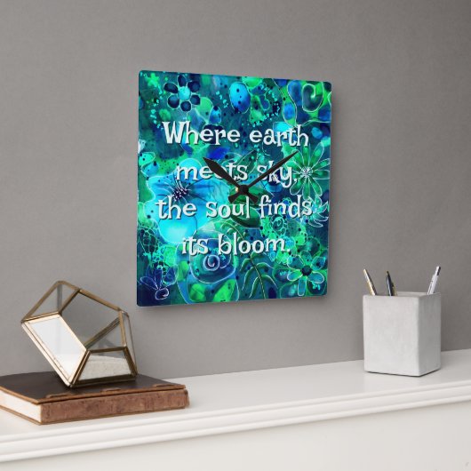 Abstracte bloemen teal blauw groen gepersonaliseer vierkante klok (Kantoor)
