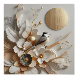 Abstracte Bloemen & Vogel met Zon: Goud, Wit Perfect Poster