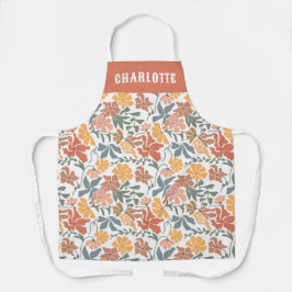 Abstracte Bloemen & Vogels Mid Century Modern Naam Schort