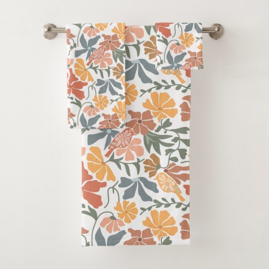 Abstracte Bloemen & Vogels Mid Century Modern Patt Bad Handdoek (Insitu)