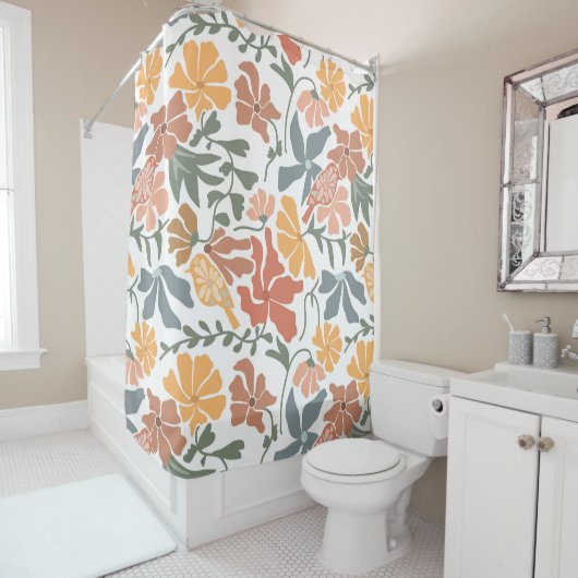 Abstracte Bloemen & Vogels Mid Century Modern Patt Douchegordijn (In situ)