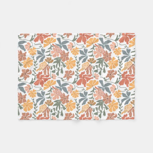 Abstracte Bloemen & Vogels Mid Century Modern Patt Fleece Deken (Voorkant (Horizontaal))