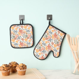 Abstracte Bloemen & Vogels Mid Century Modern Patt Ovenwant & Pannenlap Set