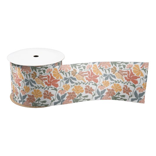 Abstracte Bloemen & Vogels Mid Century Modern Patt Satijnen Lint (Spoel)