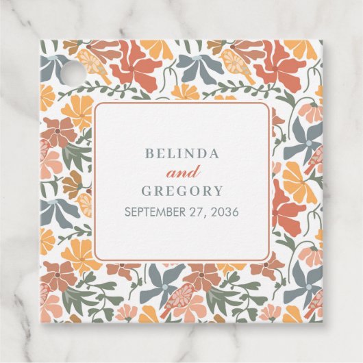 Abstracte Bloemen & Vogels Mid Century Modern Wedd Bedankjes Labels (Voorkant)