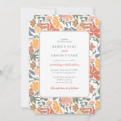 Abstracte Bloemen & Vogels Mid Century Modern Wedd Kaart (Voorkant)