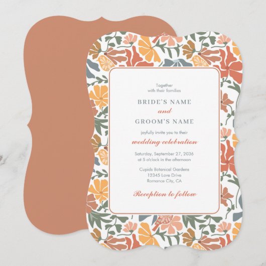 Abstracte Bloemen & Vogels Mid Century Modern Wedd Kaart (Voorkant / Achterkant)