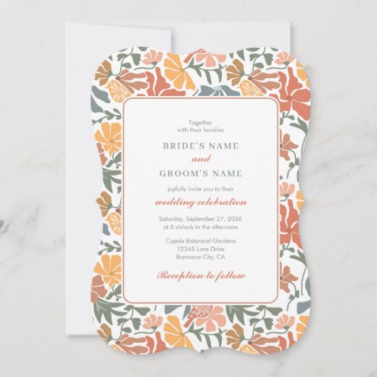 Abstracte Bloemen & Vogels Mid Century Modern Wedd Kaart (Voorkant)