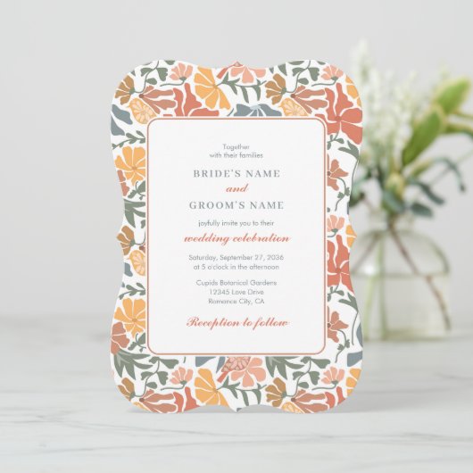 Abstracte Bloemen & Vogels Mid Century Modern Wedd Kaart (Staand voorkant)