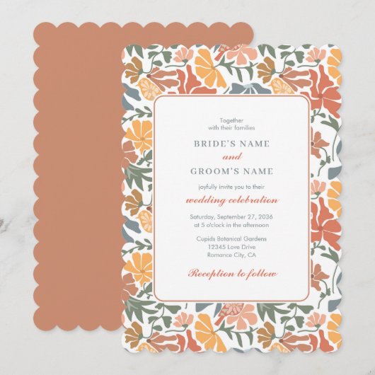 Abstracte Bloemen & Vogels Mid Century Modern Wedd Kaart (Voorkant / Achterkant)