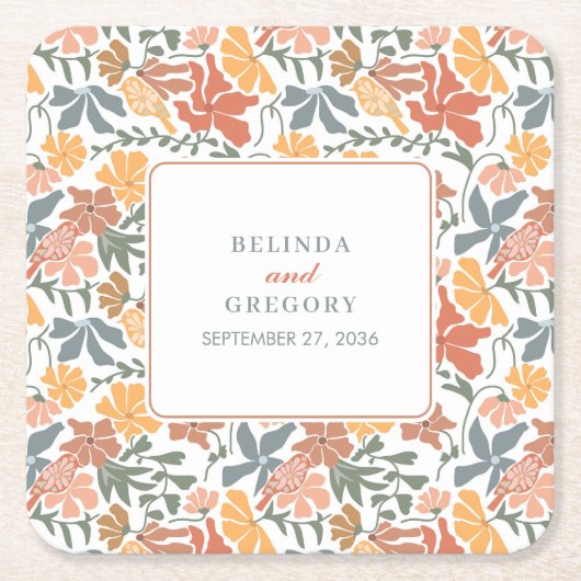 Abstracte Bloemen & Vogels Mid Century Modern Wedd Kartonnen Onderzetters (Voorkant)