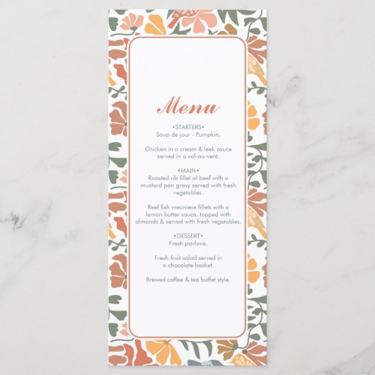 Abstracte Bloemen & Vogels Mid Century Modern Wedd Menu (Voorkant)