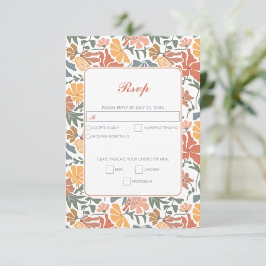 Abstracte Bloemen & Vogels Mid Century Modern Wedd RSVP Kaartje (Staand voorkant)