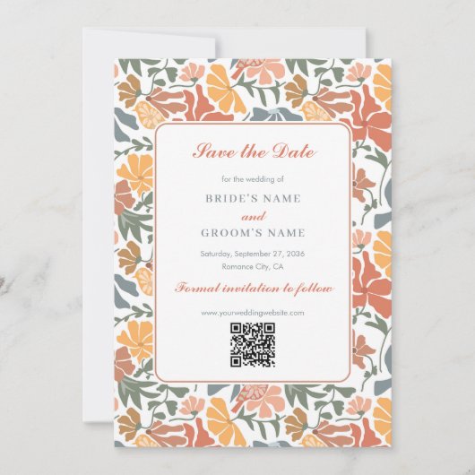 Abstracte Bloemen & Vogels Mid Century Modern Wedd Save The Date (Voorkant)