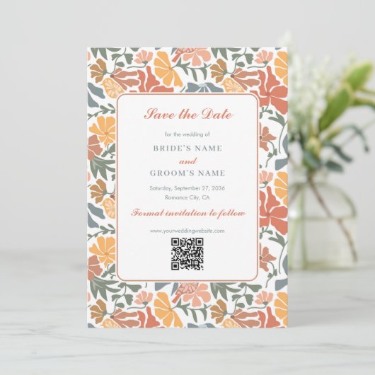 Abstracte Bloemen & Vogels Mid Century Modern Wedd Save The Date (Staand voorkant)