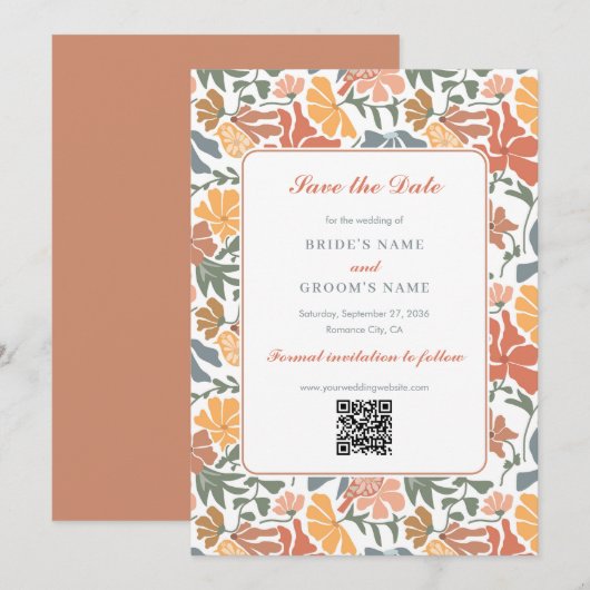 Abstracte Bloemen & Vogels Mid Century Modern Wedd Save The Date (Voorkant / Achterkant)