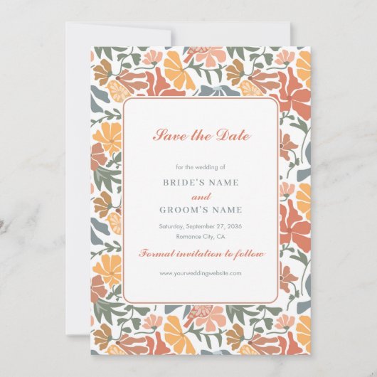 Abstracte Bloemen & Vogels Mid Century Modern Wedd Save The Date (Voorkant)