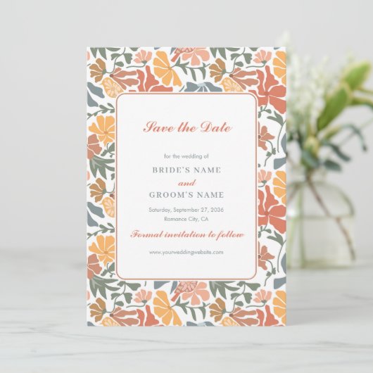 Abstracte Bloemen & Vogels Mid Century Modern Wedd Save The Date (Staand voorkant)