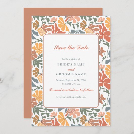 Abstracte Bloemen & Vogels Mid Century Modern Wedd Save The Date (Voorkant / Achterkant)