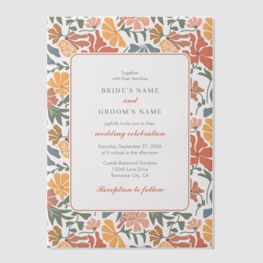 Abstracte Bloemen & Vogels Mid Century Modern Wedd Vellum Uitnodigingen (Voorkant)