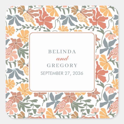 Abstracte Bloemen & Vogels Mid Century Modern Wedd Vierkante Sticker (Voorkant)