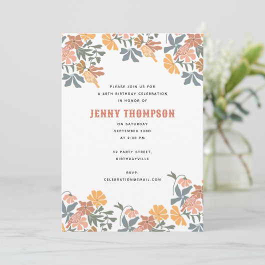 Abstracte Bloemen & Vogels Mid Century Verjaardags Kaart (Staand voorkant)