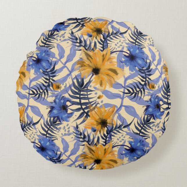 Abstracte Bloemen: Waterverf Modern Pattern Rond Kussen (Voorkant)