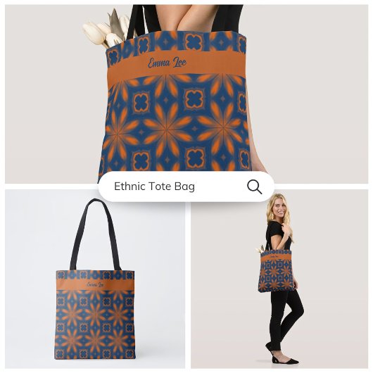 Abstracte bloemencaleidoscoop donkerblauw sinaasap tote bag