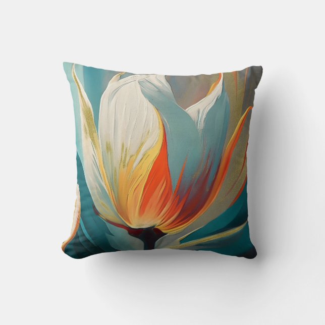 Abstracte bloemengloed in turquoise en oranje kussen (Voorkant)