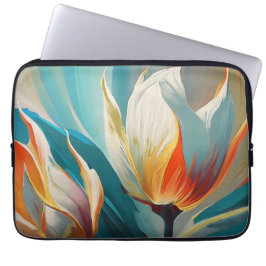 Abstracte bloemengloed in turquoise en oranje laptop sleeve