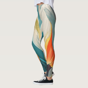 Abstracte bloemengloed in turquoise en oranje leggings