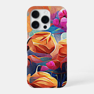 Abstracte bloemenkunst oranje rood blauwe bloemen iPhone 16 pro hoesje
