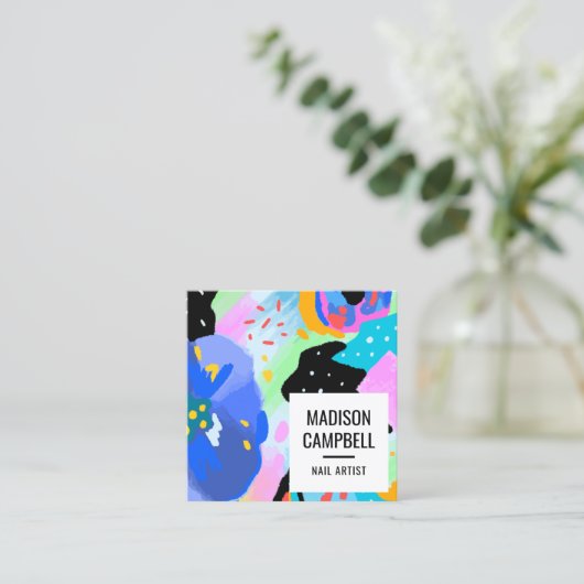 Abstracte bloemennagel artiest salon penseelstreke vierkante visitekaartje (Staand voorkant)
