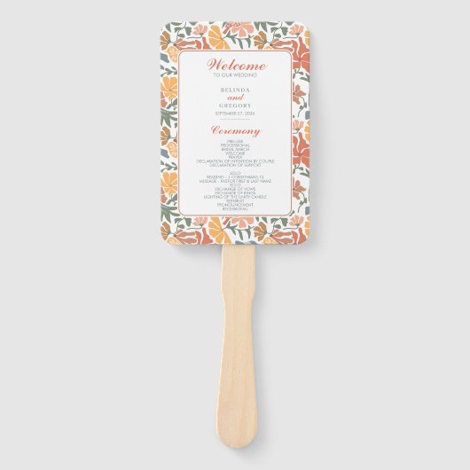 Abstracte bloemenvogels Mid Century-huwelijksprogr Handwaaier (Voorkant)