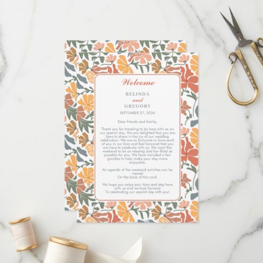 Abstracte bloemenvogels Midcentury huwelijksreis Programmakaart (Voorkant / Achterkant in situ)