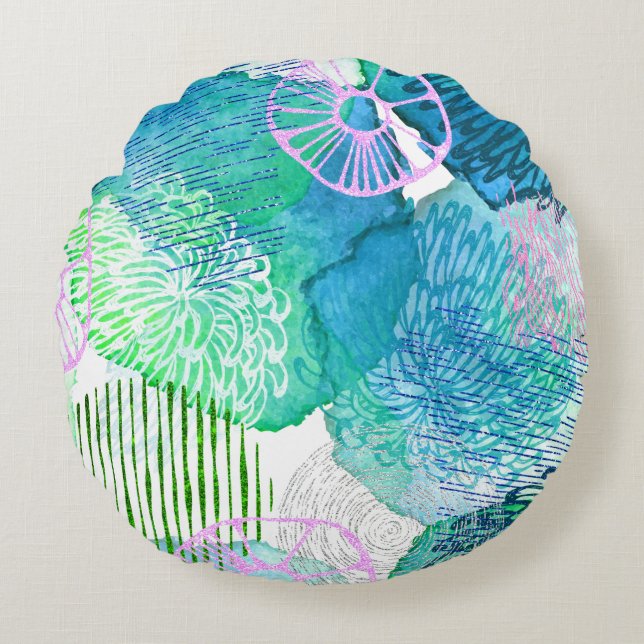 Abstracte bloemenwaterverf bloemenblauw wit roze rond kussen (Voorkant)