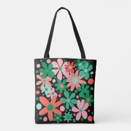 Abstracte bloemetjes in groen, koraal en roze tas. tote bag