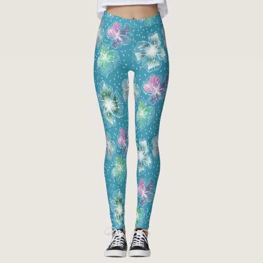 Abstracte bloemetjes op mooie lichtblauwe tinten leggings (Voorkant)