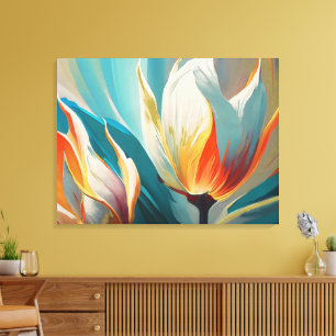 Abstracte bloemige gloed in turquoise en oranje canvas afdruk