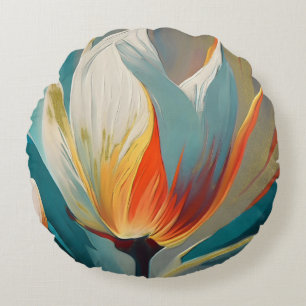Abstracte bloemige gloed in turquoise en oranje rond kussen