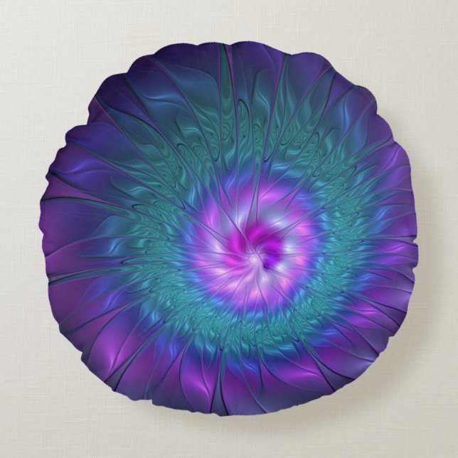 Abstracte bloemige schoonheid kleurrijke fractale  rond kussen (Voorkant)
