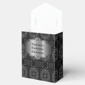 Abstracte bloemige zwarte en zilveren tent bedankdoosjes (Geopend)