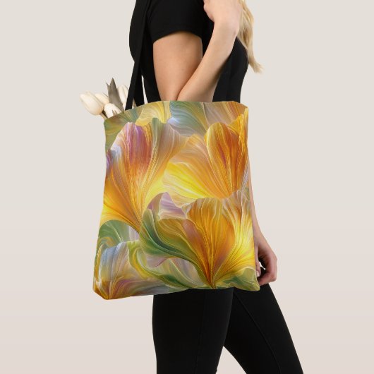 Abstracte bloemkunst met gele bloemblaadjes tote bag (Dichtbij)