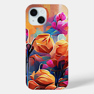 Abstracte bloemkunst oranje rood blauwe bloemen iPhone 15 case