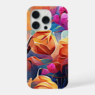 Abstracte bloemkunst oranje rood blauwe bloemen iPhone 15 pro case