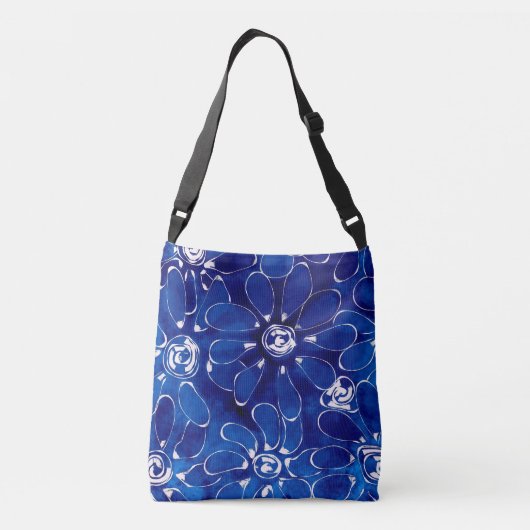 Abstracte Bloemkunst Patroon Blauw Witte Bloemen Crossbody Tas (Achterkant)