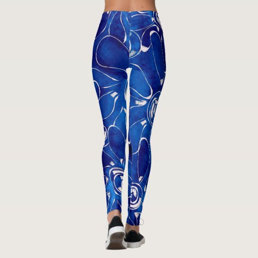 Abstracte Bloemkunst Patroon Blauw Witte Bloemen Leggings (Achterkant)