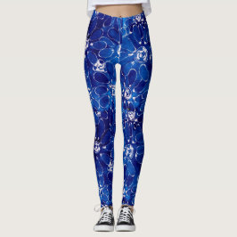 Abstracte Bloemkunst Patroon Blauw Witte Bloemen Leggings