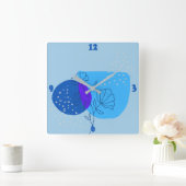 Abstracte bloemlijn in blauwe regen vierkante klok (Huis)